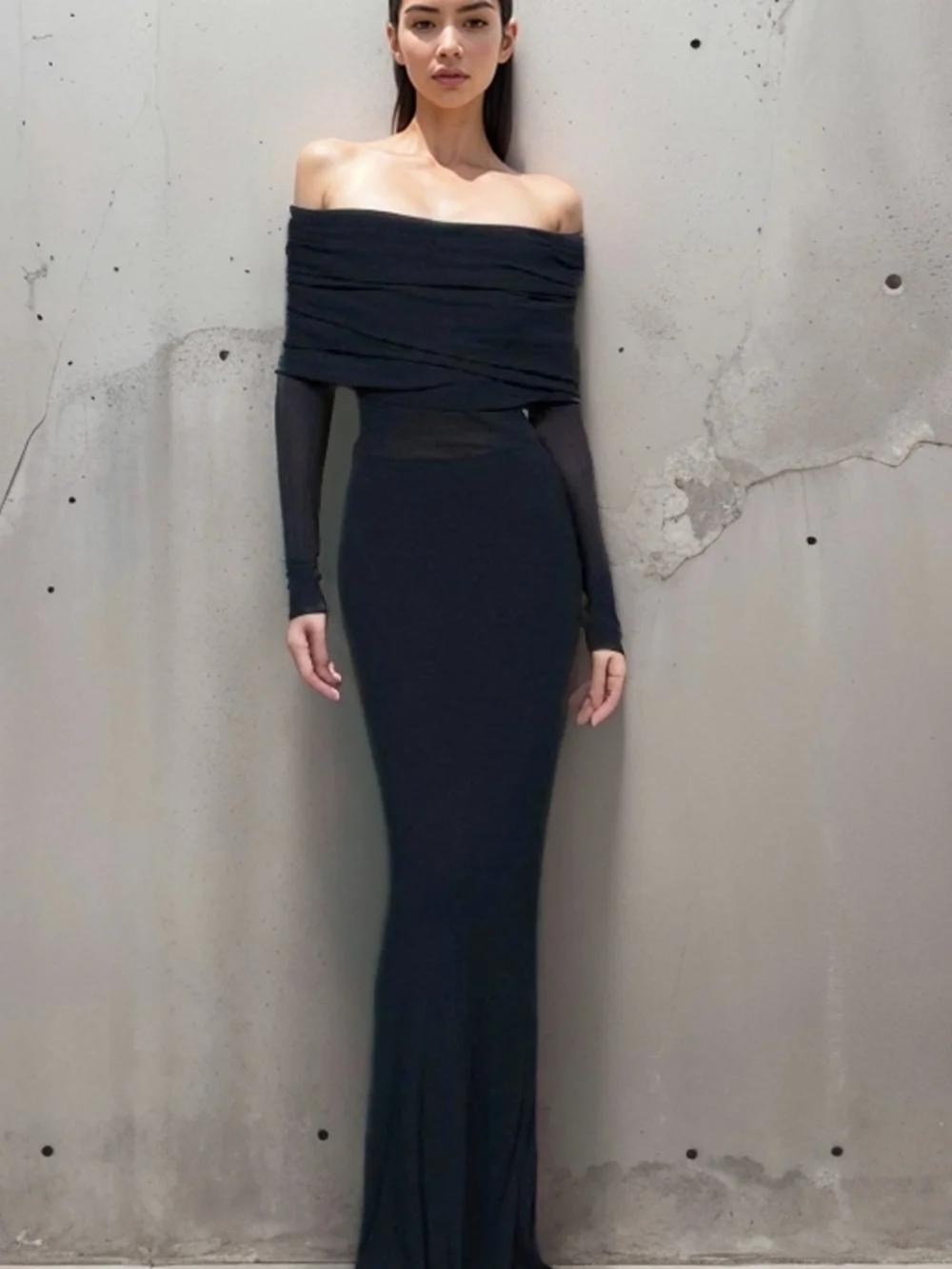 NWOT Commense Off-Shoulder Black Long-Sleeve Evening Gown